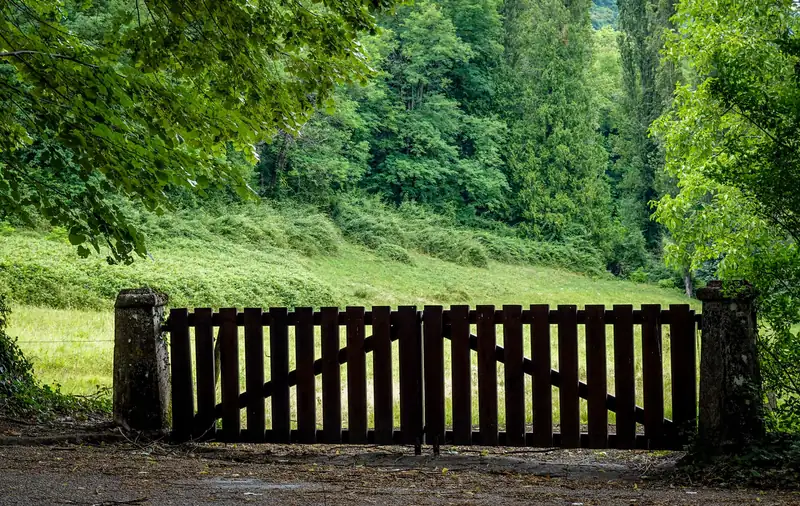 Hölzernes Tor an einer Wiese am Waldrand